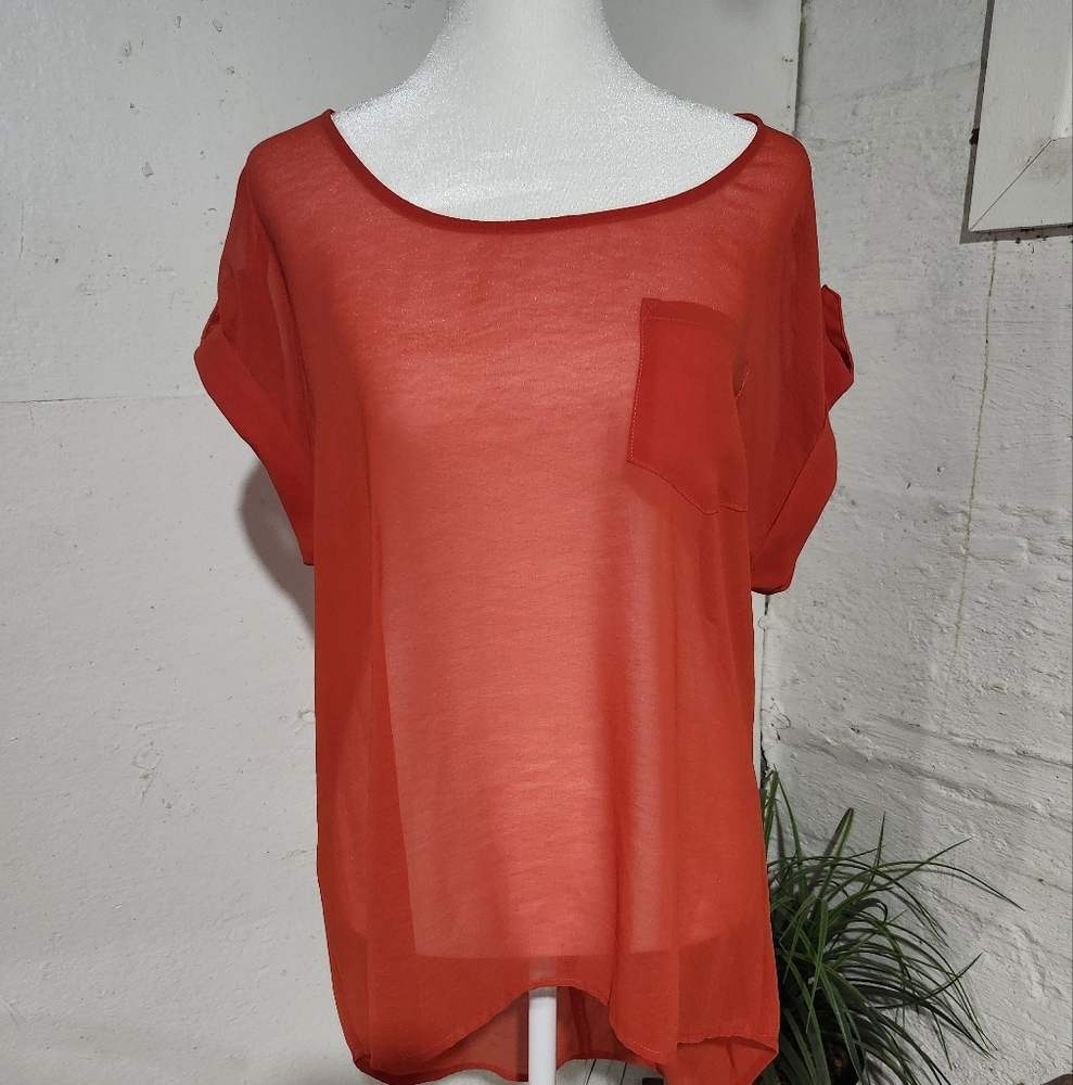 Heartsoul Sheer orange high‎ low blouse size LG cap sleeves